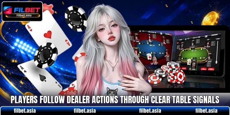 Players follow dealer actions through clear table signals Players follow dealer actions through clear table signals